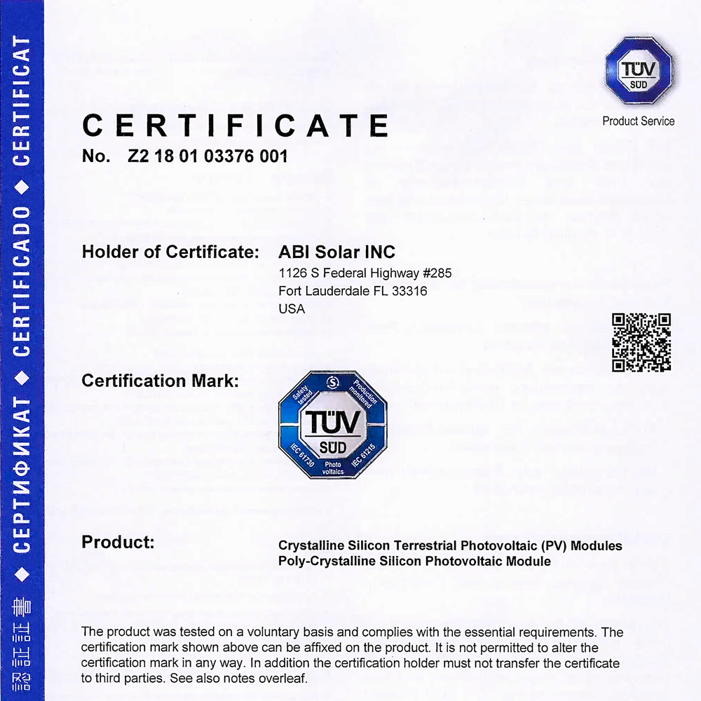 TÜV SÜD certificate # Z2 18 01 03376 001